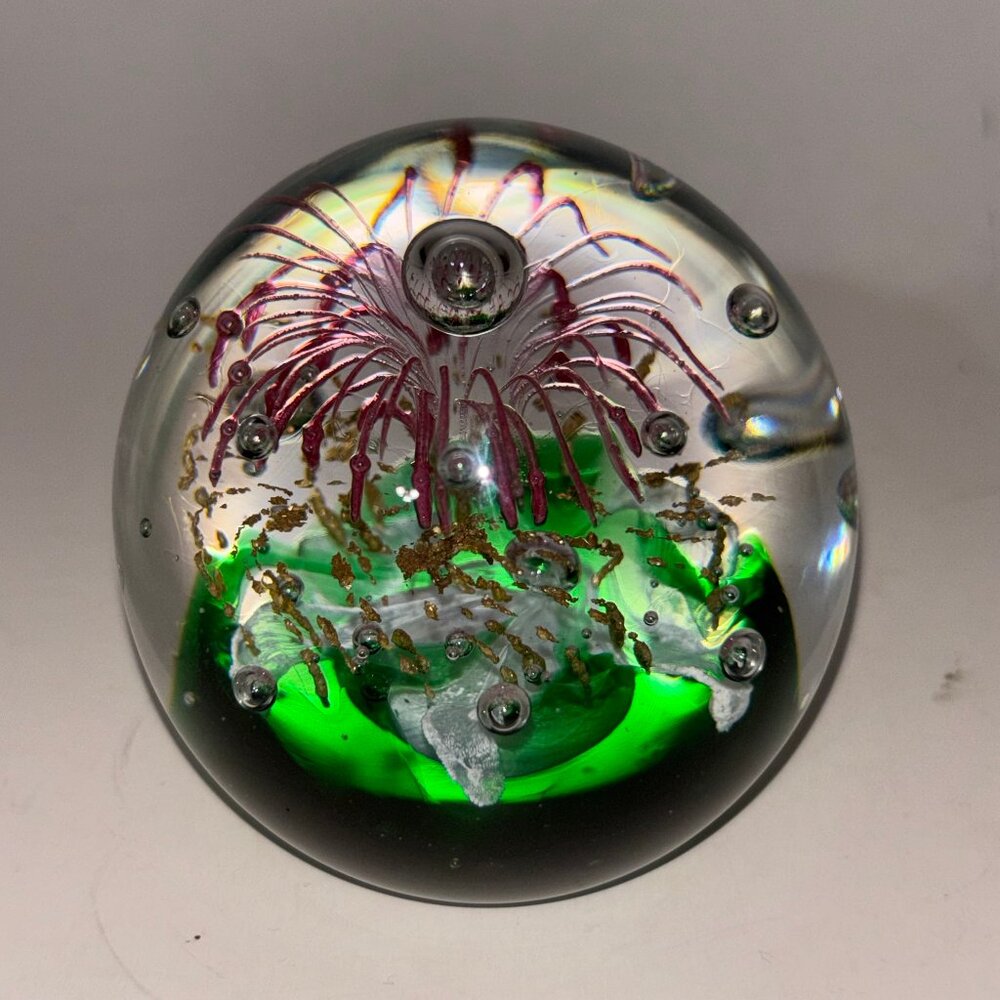 ART GLASS PAPERWEIGHT Bursting Pink Gold Fireworks Green Controlled Bubbles